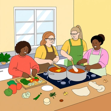A group of four friends gathered in a bright and cheerful kitchen, each engaged in different cooking tasks. One friend with curly hair is chopping colorful vegetables on a wooden cutting board. Another friend with glasses is stirring a large pot on the stove, creating a bubbling stew. The third friend, wearing an apron, is measuring flour into a mixing bowl, while the fourth friend with a ponytail is rolling dough on the countertop. The kitchen is filled with various ingredients, including fresh herbs, fruits, and spices scattered around. There is a warm, inviting atmosphere as sunlight pours in through the window, illuminating the scene.