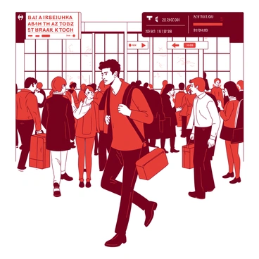A red traveler with a brown backpack is hurrying through a crowded airport terminal. The traveler has a determined expression as they weave between groups of people. Various passengers in the background are engaged in different activities, some are checking their boarding passes while others are talking on their phones. The terminal features large windows with sunlight streaming in, illuminating the vibrant atmosphere of the bustling airport. Signs with flight information hang overhead, creating a sense of urgency.