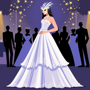 A mysterious figure stands at a masked ball, wearing an intricately designed ball gown with layers of flowing fabric that shimmer in the light. The gown features delicate lace details and ornate embellishments, creating a captivating silhouette. The figure's face is obscured by an elaborate mask adorned with feathers and jewels, adding an air of intrigue. Guests in the background are dressed in formal attire, some also wearing masks, contributing to the enchanting atmosphere of the event. Subtle lights illuminate the scene, reflecting off the gown's details.