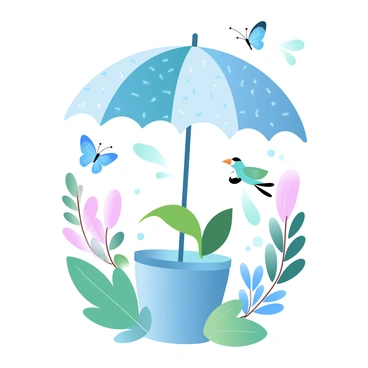 A colorful potty is placed beneath a large tropical umbrella with vibrant patterns. The umbrella's wide canopy provides shade for the potty, creating a cozy spot. Surrounding the area are various birds with bright plumage perched on nearby branches, and butterflies with intricate wing designs fluttering around. The scene is filled with lush tropical greenery, adding to the lively atmosphere.