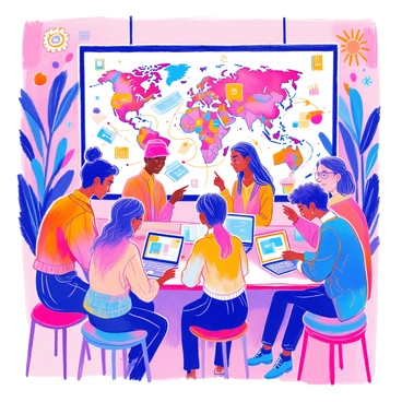 A diverse group of designers from around the world are gathered around a large digital screen displaying a vibrant map of interconnected lines representing a global network. Each designer, wearing modern clothing, is engaged in animated discussions, with laptops and tablets open in front of them. Some are sketching ideas while others are pointing at the digital screen showcasing various design concepts. The scene is illuminated with colorful graphics and icons symbolizing creativity and innovation. In the background, elements of different cultures, such as flags and artifacts, are subtly integrated to represent their global collaboration.