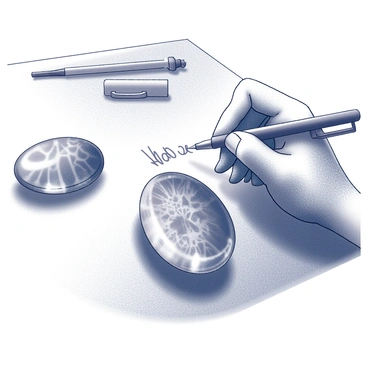 A close-up of an artisan signing their name on a finished cabochon gemstone creation