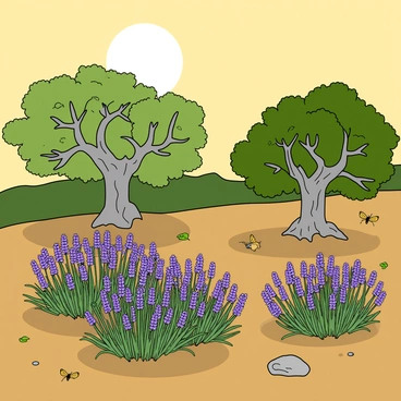 A vibrant Mediterranean shrubland filled with lush green olive trees with silvery leaves and twisted trunks. The ground is dotted with blooming lavender plants, showcasing their purple flowers that attract buzzing bees and fluttering butterflies. The sun casts a warm golden light over the entire scene, creating soft shadows on the ground. In the background, a gentle breeze causes the lavender to sway slightly, giving life to the tranquil atmosphere of this sunlit field. A few small rocks are scattered throughout the landscape, adding texture to the earth.
