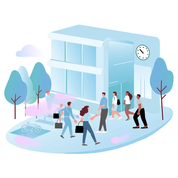 A group of employees is arriving at a modern company building during the busy morning rush hour. Some employees are walking briskly on a sidewalk, carrying briefcases and coffee cups. Others are standing by a bus stop, waiting for transportation. The building has large glass windows reflecting the soft morning light, and there are trees lining the entrance. A few bicycles are parked nearby, and a crosswalk is visible with pedestrians using it. "Morning rush hour" is prominently displayed on a digital clock hanging outside the building.