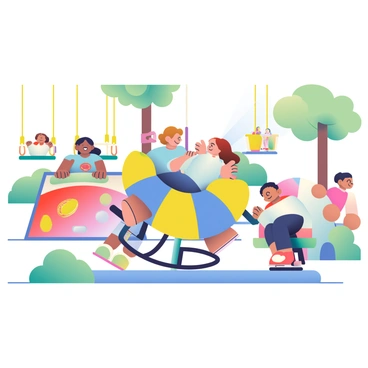 A colorful playground is filled with adaptive equipment designed for inclusivity. In the center, there is a large, wheelchair-accessible merry-go-round with vibrant blue and yellow colors. Surrounding it are swings with supportive harnesses, each in different bright shades. Children of various abilities are playing together, smiling and laughing. To the side, there is a tactile wall with different textures for sensory exploration, featuring bright red and green panels. Soft, padded surfaces are installed throughout the area for safety, and trees with green leaves provide some shade above.