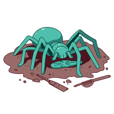 A large teal tarantula is carefully inspecting a shiny, ancient artifact nestled in the soft, dark soil of an archaeological dig site. The artifact is intricately carved, displaying detailed patterns and is partially uncovered by the surrounding earth. In the background, there are scattered tools like a small brush and a trowel, indicating recent excavation activity. The tarantula's legs are delicately positioned around the artifact, with its eyes focused intently on the object, conveying a sense of curiosity and discovery.