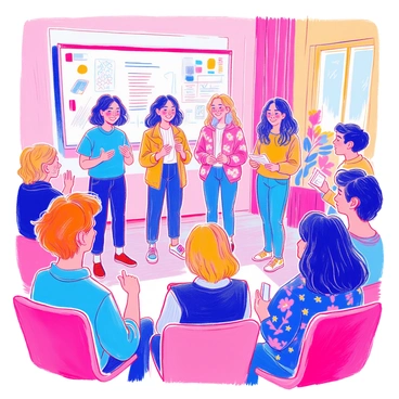 A group of young people of different genders is standing in front of a circle of chairs, leading a community meeting. Each person is dressed in casual clothing, with one wearing a blue t-shirt, another in a floral dress, and a third in a graphic sweatshirt. They are smiling and gesturing while speaking, displaying enthusiasm and engagement. To the side, a whiteboard is filled with colorful markers and notes, and a few attendees are taking notes. The atmosphere is lively, with some people nodding in agreement and others raising their hands to contribute.
