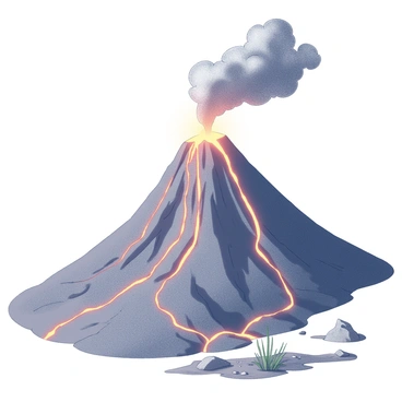 A volcanic mountain stands tall with its peak emitting thick, dark ash clouds that billow into the sky. Streams of molten lava cascade down the sides of the volcano, creating bright, glowing pathways as they flow over the rugged terrain. The landscape is dotted with rocky debris, and the ground around the base of the volcano shows signs of the eruption's impact. In the foreground, a few small plants struggle amidst the ash and rubble, while the dramatic scene captures the power and intensity of the volcanic eruption.