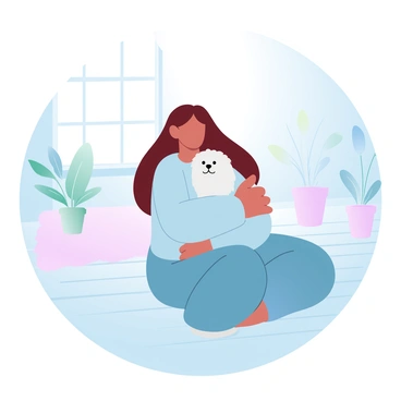 A girl with long brown hair is sitting on a light wooden floor. She is wearing a soft sweater and hugging a small fluffy dog close to her chest. Sunlight is streaming through a large window, casting warm light into the room. In the background, there is a plush rug and a few potted plants that add a touch of greenery. The atmosphere is cozy and inviting, with a warm glow surrounding the girl and her pet.