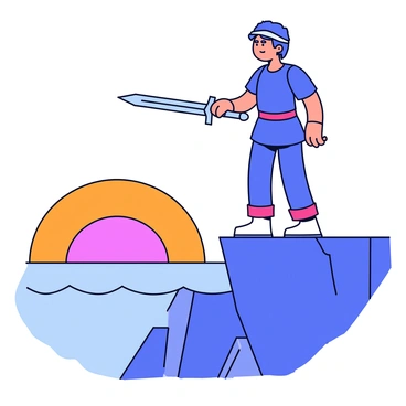 A hero stands on a rugged cliff, practicing sword skills with focused determination. The hero is clad in a simple armor, showcasing a sturdy design. The sword is held firmly in both hands, glinting in the early morning light. The sky is painted with warm hues of orange and pink as the sun begins to rise on the horizon. Below, the rocky cliffs meet the crashing waves of the ocean. The scene captures the hero's silhouette against the vibrant backdrop of a new day.