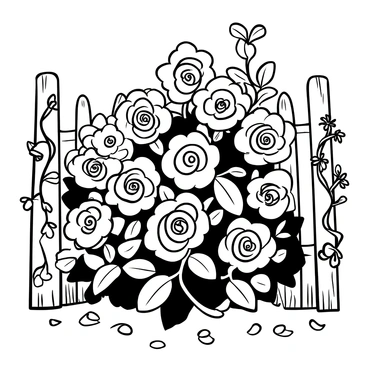 A detailed illustration of a lush rose bush, full of multiple "vibrant flowers" in various stages of bloom. The bush is intertwined with its green foliage, showcasing a healthy, thriving plant. In the background, a "rustic fence" made of weathered wooden planks stands, partially covered in climbing vines. The ground around the rose bush is dotted with fallen petals, adding to the scene's richness.