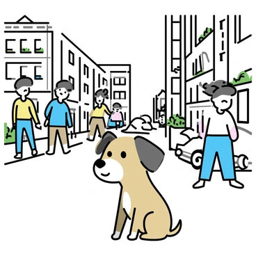 A small dog, with a light brown coat and floppy ears, stands on a busy city street. The dog has wide eyes and a slightly open mouth, clearly looking anxious. Surrounding the dog are tall buildings with large windows reflecting the sunlight. People in casual clothing walk past, some carrying bags and others chatting on their phones. A few cars are parked along the side of the road, and the street is lined with greenery peeking from flower boxes on the buildings.
