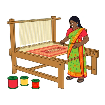 A skilled weaver with medium skin and long black hair, wearing a colorful saree with intricate patterns, is standing at a large wooden loom. The loom is well-constructed, featuring various threads in vibrant colors like red, green, and yellow. The weaver is focused on her work, expertly threading the shuttle back and forth. Nearby, several spools of thread are neatly arranged, showcasing their bright hues. The woven textile is slowly taking shape, displaying traditional Bengali motifs. The setting includes soft, natural light illuminating the weaver's concentrated expression and the rich colors of the textile.