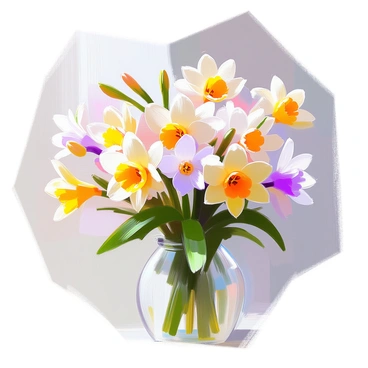 A composition featuring a delicate bouquet of fresia flowers in soft pastel colors. The bouquet consists of several freesia stems, prominently displaying their trumpet-shaped blooms in shades of yellow, purple, and white. The flowers are arranged with lush green leaves that complement their vibrant colors. The background is softly blurred, ensuring the focus remains on the intricate details of the flowers and their gentle curves. The light creates subtle shadows that enhance the three-dimensionality of the bouquet.