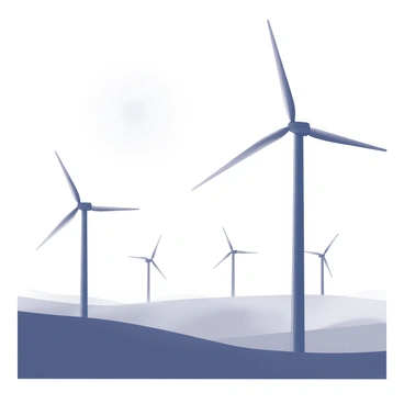 A group of wind turbines stands tall on a rolling landscape. Their blades are extended, suggesting motion as they capture the wind. The turbines are silhouetted, appearing dark against a bright morning sky that radiates light. The sky is filled with subtle gradients, giving it a sense of depth. The horizon is clear, indicating a peaceful morning atmosphere.