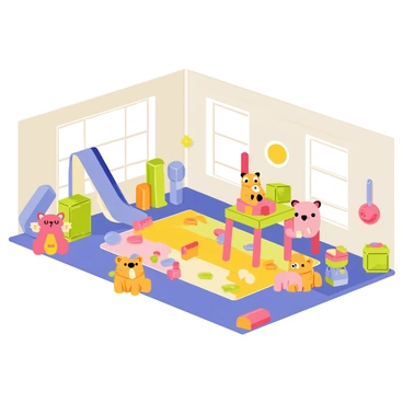 A colorful 3D children's playroom filled with a variety of toys scattered around. There is a small blue slide positioned in one corner, inviting children to play. A vibrant rug with a pattern of bright shapes and colors covers the floor, creating a cheerful atmosphere. Soft stuffed animals in different colors sit in various spots, and a small table with building blocks is located near the center of the room. Sunlight filters in through a window, adding warmth to the lively scene.