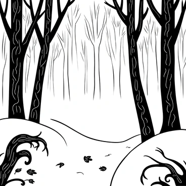 A mysterious forest enveloped in a thick, swirling fog that obscures distant trees
