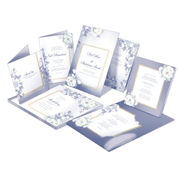 A collection of wedding invitations displayed together on a flat surface. Each invitation features intricate floral patterns that cover the edges. The designs include various flowers and leaves, elegantly intertwined. Gold accents are present in the form of delicate borders and elegant calligraphy, enhancing the overall aesthetic. The invitations vary slightly in shape and size, showcasing different layouts and arrangements. Each piece has a different floral design, creating a harmonious yet diverse collection.