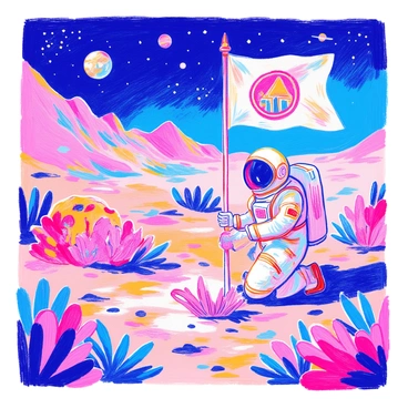 An astronaut in a sleek, white space suit is planting a flag on the surface of a newly discovered planet. The astronaut is crouched down, holding the flag pole firmly with one hand while the other hand is pushing the base into the ground. The planet's terrain is rocky and covered with strange, colorful vegetation. In the background, a starry sky is visible with distant planets and celestial bodies. The scene captures a sense of exploration and discovery. The flag displays a unique emblem that signifies a new mission.