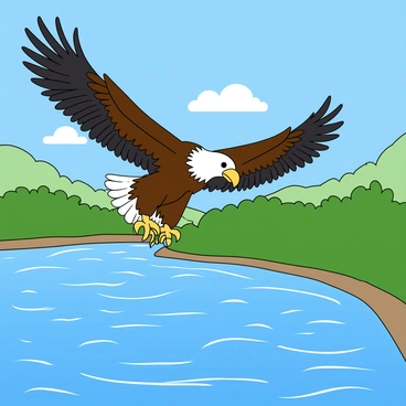 A majestic eagle with a powerful wingspan is captured in mid-flight, swooping down towards a wide, shimmering river. The eagle has dark brown feathers and a striking white head, with sharp yellow beak and talons extended. Below, the river glistens under the bright blue sky, reflecting the sunlight and surrounded by lush green banks. A few fluffy white clouds dot the sky, adding to the vibrant atmosphere of the sunny day. The scene conveys a sense of action and adventure as the eagle approaches the water.
