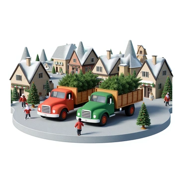 Two large trucks, one red and one green, are parked side by side, each loaded with freshly cut Christmas trees. The trucks have wooden racks on their beds, showcasing the green pine trees, some adorned with twinkling lights and colorful ornaments. The market is nestled in a quaint small-town setting, with snow blanketing the ground and rooftops of nearby shops. In the background, small storefronts are decorated with festive garlands and wreaths, and a cheerful market sign hangs overhead. Snowflakes gently fall from the gray sky, adding to the cozy, holiday atmosphere. A few townspeople can be seen strolling through the market, bundled up in winter coats and scarves, while others examine the trees on display.