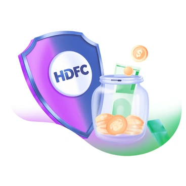 A large shield featuring the "HDFC" logo in the center is positioned prominently in the foreground. The shield is depicted with a gleaming surface, reflecting light and showcasing intricate detailing along its edges. Behind the shield, there is a small savings jar made of clear glass, filled with coins and small bills. The jar has a coin slot at the top and is resting on a soft, neutral-colored surface. The contrast between the strong shield and the fragile jar emphasizes the theme of protection in finance.