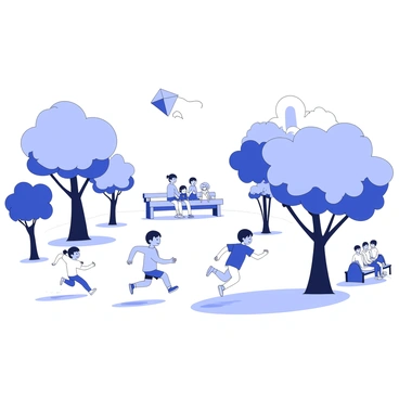 A group of children are playing in a clean park. They are engaged in various activities, such as running, playing tag, and flying a colorful kite. The park is filled with trees, each with a sturdy trunk and lush foliage. The trees are positioned throughout the area, their branches extending outward. The sun filters through the leaves, casting playful shadows on the grass. In the background, the park features a clear blue sky, and there are benches where families are seated, enjoying the outdoor atmosphere.