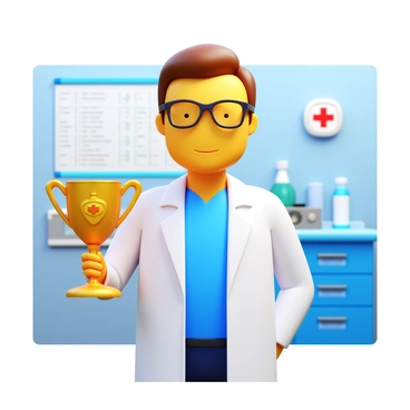 A doctor in a white lab coat, wearing glasses, holds a shiny trophy in one hand. The trophy has a golden base with a detailed medical symbol on it. The doctor has a proud expression, standing in a well-lit hospital environment. In the background, medical equipment and a chart can be seen.
