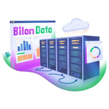 A cloud server room featuring rows of sleek, shiny server racks filled with blinking lights. Digital screens are mounted on the walls, displaying "Bilan Data" in large, bold font. The screens show various graphs and analytics in vibrant colors, such as blue, green, and orange. Cables run across the floor, neatly arranged, and a soft glow emanates from the screens, illuminating the room. The overall atmosphere is modern and high-tech, with an emphasis on data visualization.