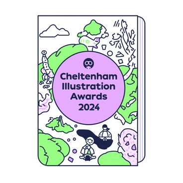 The cover page of the Cheltenham Illustration Awards 2024 program booklet features a large central emblem with the words "Cheltenham Illustration Awards 2024" prominently displayed in bold lettering. Surrounding the emblem, there are various illustrated elements showcasing different styles of illustration. These include a colorful landscape with rolling hills, a whimsical tree with intricate branches, and a series of playful characters that appear to be interacting. The overall composition is dynamic, with flowing lines connecting the elements, creating a sense of movement and creativity throughout the cover.
