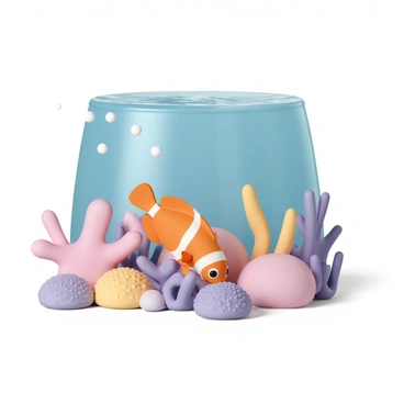 A clownfish, characterized by its bright orange body with distinctive white stripes, is swimming gracefully among an array of vibrant corals. The corals are various shades of pink, purple, and yellow, creating a colorful underwater landscape. Bubbles are rising around the clownfish as it navigates through the corals, which are swaying slightly with the gentle ocean currents. The clear blue ocean water above adds a sparkling quality to the scene, enhancing the vivid colors of the marine life below.