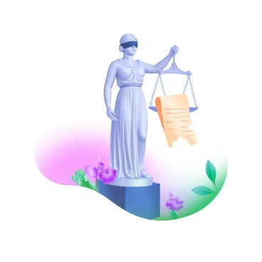A modern pastel illustration of a blindfolded statue of justice. The statue stands tall, with a serene yet firm expression, representing impartiality. In one hand, it holds a torn document, symbolizing broken agreements or the quest for truth. The base of the statue is adorned with subtle floral designs, while the background features soft, gradient colors transitioning from light blue to pale pink, adding depth and a sense of calm to the scene. The overall composition emphasizes the statue's significance and the weight of justice in society.