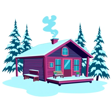 A warm wooden cabin with a sloped roof, made of dark-stained logs, nestled in a deep blanket of fresh snow. Smoke is curling upward from the chimney, creating soft wisps against the crisp winter air. The front porch is adorned with a wooden bench and a few potted evergreen plants, partially covered in snow. Tall pine trees surround the cabin, their branches heavy with snow, adding to the tranquil, winter scene. The sky is a clear blue, contrasting beautifully with the white landscape.