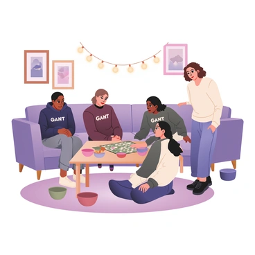 A cozy evening scene inside a warmly lit living room. There are four friends gathered around a coffee table. Two friends are sitting on a plush couch, one on the left has light skin and is wearing a navy blue Gant hoodie and gray sweatpants, while the other friend on the right has medium skin, wearing a maroon Gant sweatshirt and black joggers. A third friend is sitting cross-legged on a soft rug, with dark skin, wearing a gray Gant t-shirt and navy sweatshorts. The fourth friend, with light skin and wavy brown hair, is standing near the table wearing a white Gant long-sleeve shirt and light blue lounge pants. They are all intently focused on a board game set on the coffee table, which is surrounded by snacks in colorful bowls. The walls are decorated with framed art and there are warm fairy lights hanging to enhance the atmosphere.