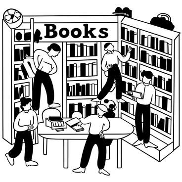 A cozy 1920s bookstore filled with wooden bookshelves overflowing with books. Various customers are browsing through the shelves, some holding books while others are looking at titles. A large wooden table is in the center with a few open books laid out on it. The room has a vintage ambiance, with a small reading nook featuring an armchair and a lamp in one corner. A sign above the entrance reads "Books" in elegant font, and there are decorative elements like an antique globe and a typewriter placed strategically around the store.