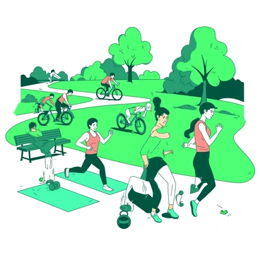 A green park filled with various people participating in different fitness activities. In the foreground, a group of three individuals is jogging together, wearing brightly colored athletic gear. To the left, a man is doing yoga on a teal mat, focusing on a balancing pose, while a woman nearby is lifting weights with determination. In the background, a couple is cycling along a winding path, their bicycles vibrant against the greenery. Near a bench, a person is doing push-ups, showcasing strength and effort. The atmosphere conveys a lively community dedicated to healthy lifestyles.