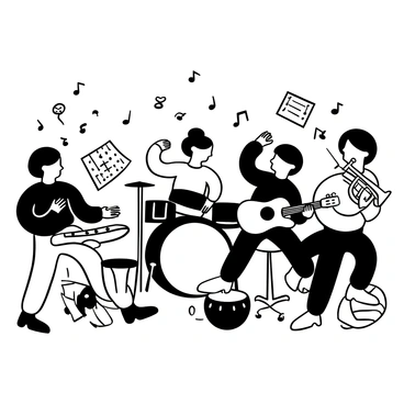 A group of children gathered together, each one focused on playing a different musical instrument. One child is energetically playing a drum set, while another is strumming a guitar, surrounded by sheet music. A third child is blowing into a trumpet, with a sense of concentration on their face. There are percussion instruments scattered around, including tambourines and maracas, held by other children. The scene is filled with musical notes floating above them, indicating the lively atmosphere of the band practice. In the background, there are music stands filled with more sheet music.