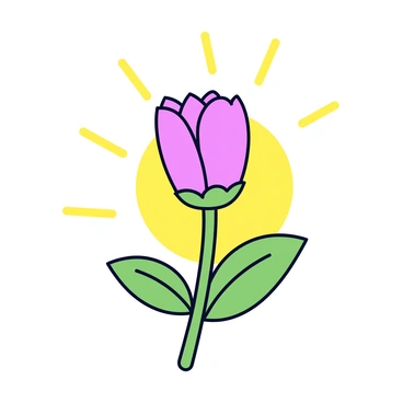 A single flower bud with a soft green stem is positioned in the center of the image. The bud is a delicate pink color, showing hints of petals just beginning to unfurl. Surrounding the bud are a few green leaves that have a smooth texture. The background features simple golden rays emanating from the sun, indicating a warm and bright spring day.