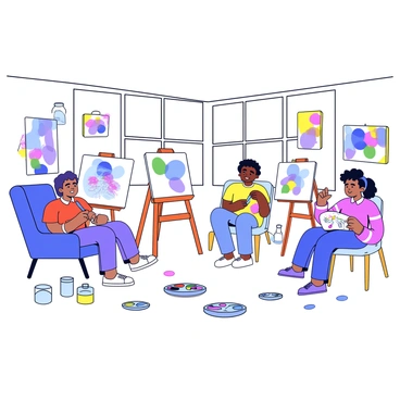 A spacious room filled with natural light. In one corner, there are several easels set up with blank canvases. Participants are sitting on comfortable chairs, each focused on their artwork. One person is drawing with bright colored markers, while another is painting with watercolors. Scattered around the floor are various art supplies, including palettes, brushes, and jars of water. On the walls, some finished pieces hang, displaying an array of vibrant colors and abstract shapes. Each participant displays a look of concentration and engagement as they express their feelings through their illustrations.