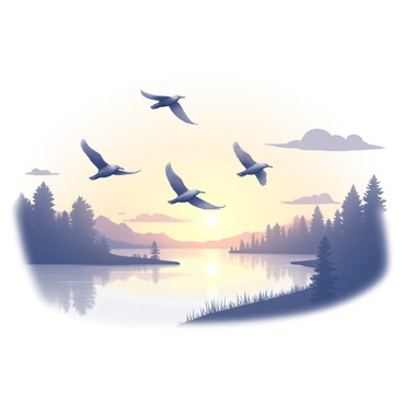 A flock of birds in a V-formation is flying over a river, with the river’s surface reflecting the warm tones of the sunset. The birds have their wings spread wide, showcasing their distinct shapes as they move gracefully through the air. The riverbanks are lined with silhouettes of trees, and the sky is filled with soft, flowing clouds. The setting sun casts a gentle light over the scene, creating a serene atmosphere as the birds continue their journey.