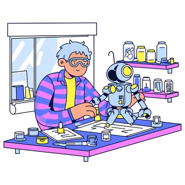 An inventor with tousled hair is focused on assembling a complex robot made of various metal parts and wires. The inventor is wearing safety goggles and a plaid shirt. The workshop is filled with tools, gadgets, and blueprints scattered across a wooden workbench. Shelves line the walls, holding jars of screws, gears, and other mechanical components. A large window lets in a soft light, illuminating the intricate details of the robot and the cluttered workspace.
