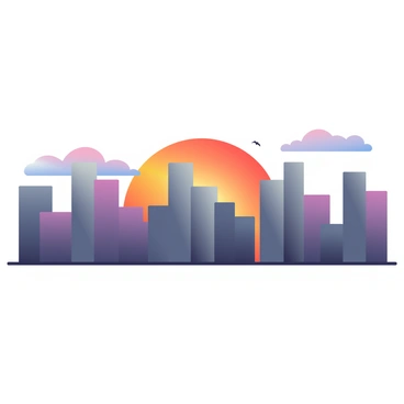 A city skyline features a row of buildings, all of identical height, creating a uniform silhouette against the sky. The buildings are dark grey with subtle reflections of the fading light. The sunset casts vibrant shades of orange, pink, and purple across the sky, blending seamlessly into one another. Fluffy clouds catch the colors of the sunset, enhancing the dramatic effect. A few birds are flying in the distance, silhouetted against the colorful horizon. The overall scene conveys a tranquil yet captivating atmosphere as day turns to night.
