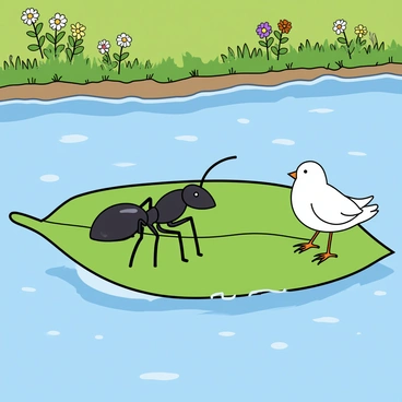 A small, brave ant with a shiny black body and tiny legs is standing on a broad, vibrant green leaf. The leaf serves as a makeshift raft resting on the surface of a gentle river. Next to the ant, a delicate white colombe with soft feathers is perched on the leaf, looking grateful and relieved. The riverbank is lined with lush grass and colorful wildflowers, adding to the lively scene. The sunlight casts shimmering reflections on the water, enhancing the playful atmosphere of the moment. The ant appears determined as it navigates the leaf raft, ready to guide the colombe to safety.