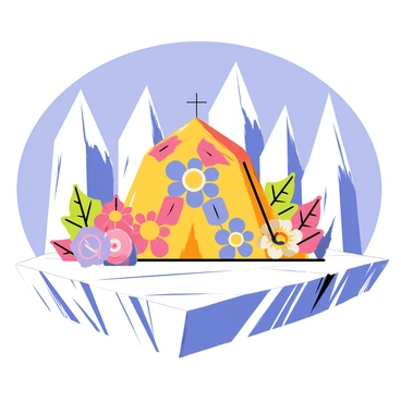 A mandap featuring intricate floral designs in vibrant colors, set on a textured white glacier. The scene includes sharp, crystalline ice formations in various shapes and sizes surrounding the mandap. The sky is filled with crisp blue hues, providing a striking contrast against the white ice and colorful mandap. The sun casts gentle shadows, highlighting the details of the mandap and the glistening ice.