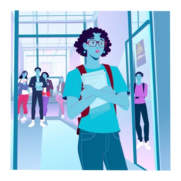 A student with medium skin tone, wearing glasses, is standing outside an examination room. They have curly black hair and are dressed in a casual blue t-shirt and jeans. The student has a nervous expression, biting their lip while holding a stack of papers tightly against their chest. The hallway is brightly lit with large windows allowing sunlight to stream in. A digital clock on the wall shows the time just moments before the exam starts. Other students can be seen in the background, some chatting while others appear focused and pensive, adding to the atmosphere of anticipation.