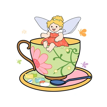 A tiny fairy with delicate wings and a sparkling gown is sitting inside a large teacup decorated with a whimsical floral design. The teacup features vibrant colors such as pink, green, and yellow, with intricate patterns of flowers and swirling vines. The fairy has bright, playful eyes and a joyful smile, as she dangles her feet over the rim. Around the teacup, there are tiny details like colorful sugar cubes and a small spoon resting on a matching saucer. A few butterflies flutter nearby, adding to the enchanting scene.