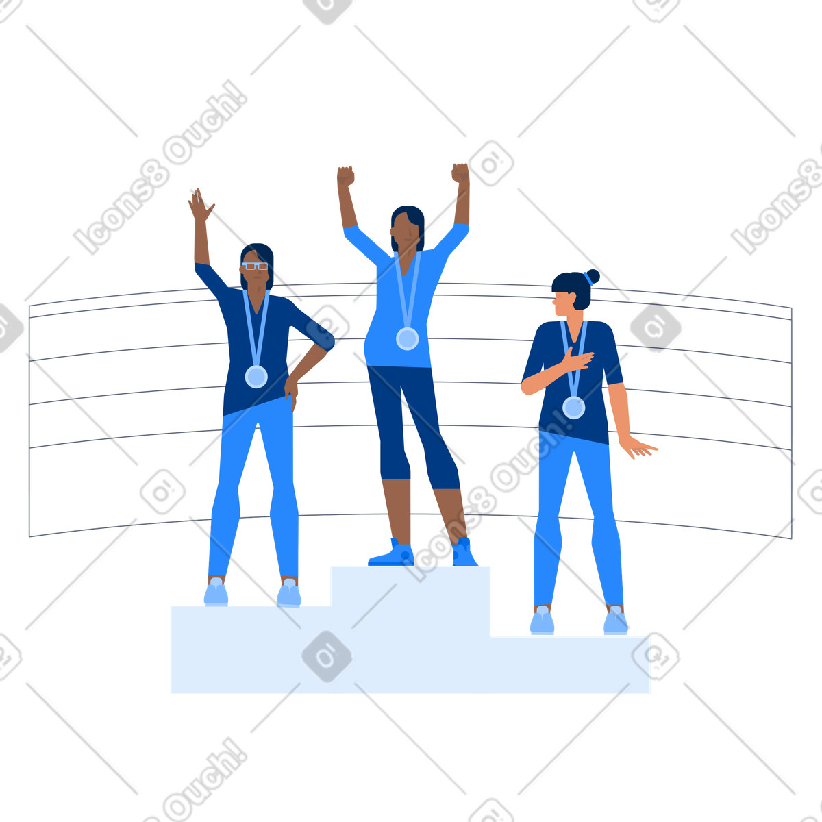 Female olympic medalists standing on the winners pedestal illustration in Urban style download in PNG, SVG