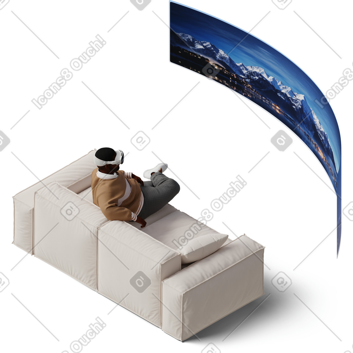 Isometric view of young man in vr glasses watching a movie illustration 3D Hygge style download PNG, SVG