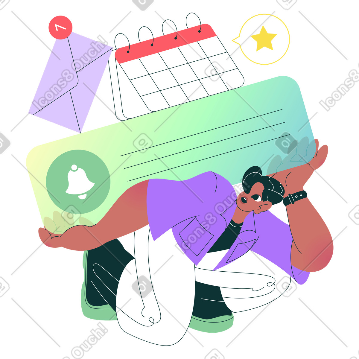 Office worker holding giant reminder, calendar, and mail, Time management scheduling animated illustration in Florid style download in GIF, Lottie (JSON), AE