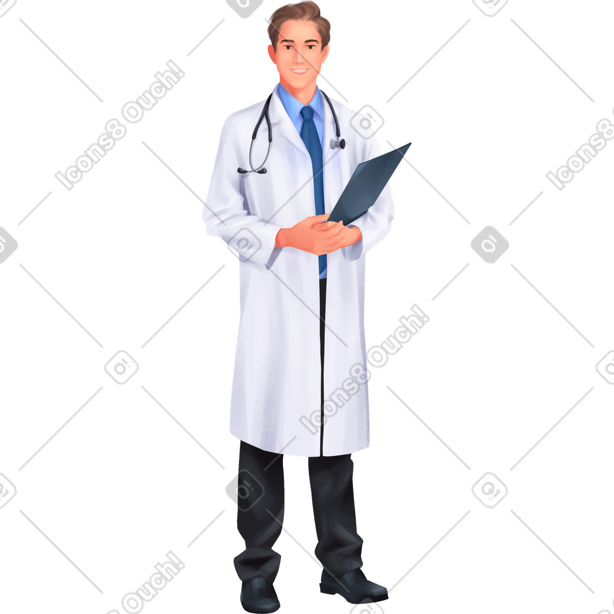 Doctor in white coat holding documents illustration Demure style download PNG, SVG